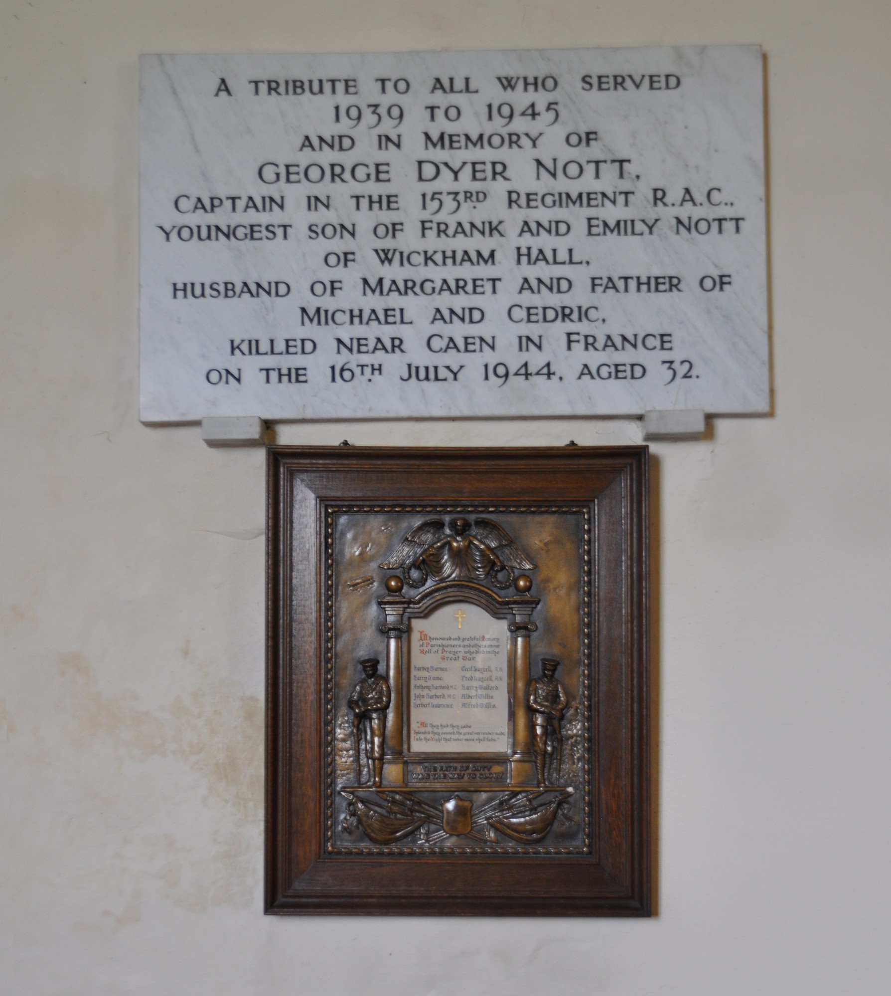 Memorial plaque to WW1 soldiers inside Wickham St Paul's church