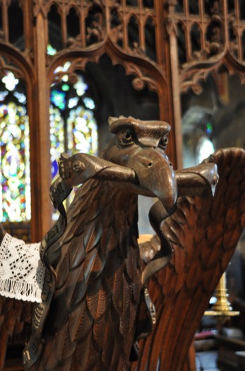 The carved wooden lectern at Foxearth Church.
