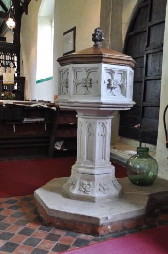 The font at Wickham St Paul church dates from the 16th century